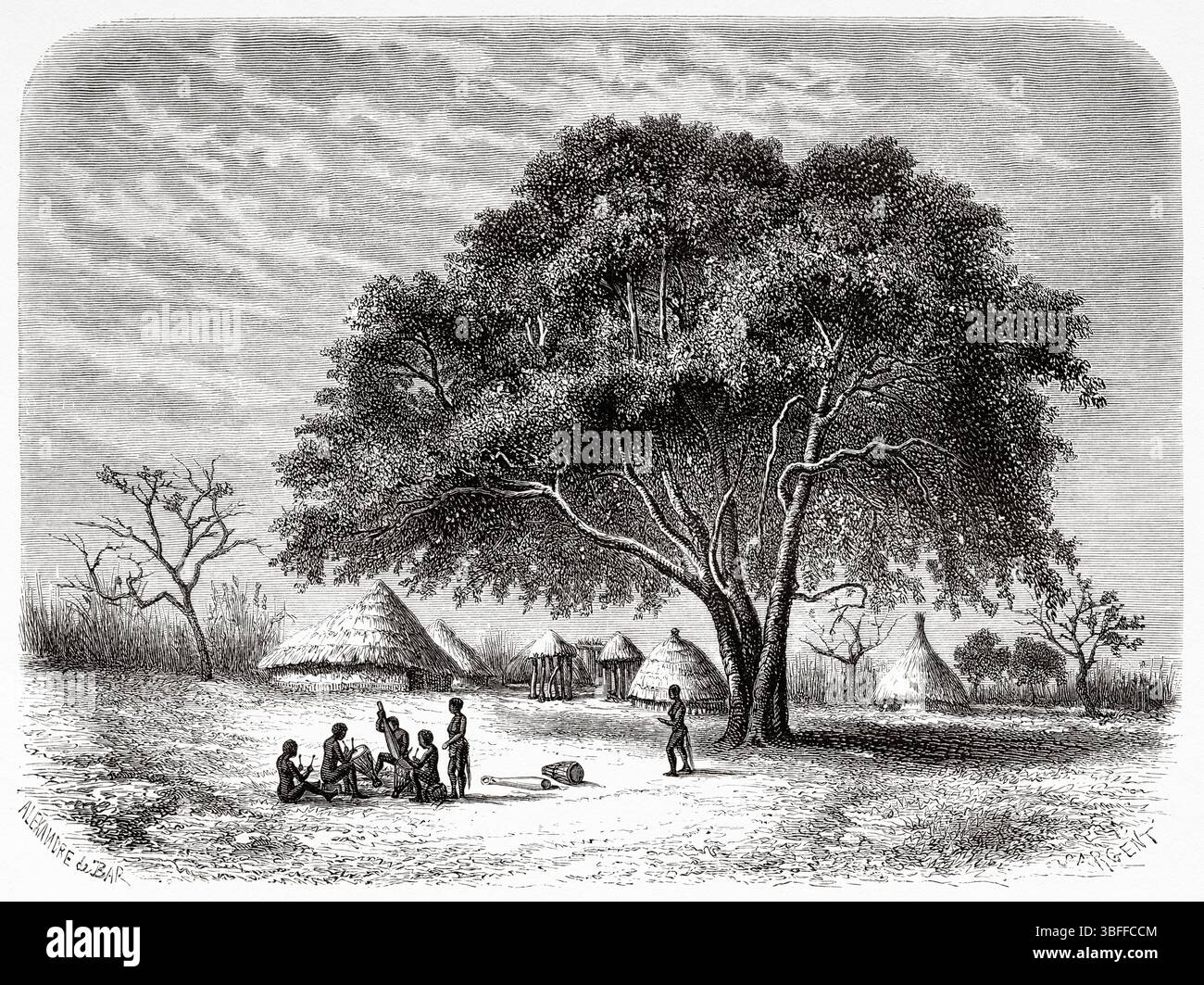 Nativi che suonano musica nel vecchio villaggio di Sabbi. I Bongo sono un gruppo etnico di lingua sudanica centrale, che vive sul lato orientale del fiume Albert Nile nel nord-ovest dell'Uganda. Africa. Disegno di Alexandre de Bar (1821-1901) il cuore dell'Africa. Tre anni di viaggio e avventura nelle regioni inesplorate dell'Africa centrale, dal 1868 al 1871 di Georg August Schweinfurth (1836-1925) le Tour du Monde 1874 Foto Stock