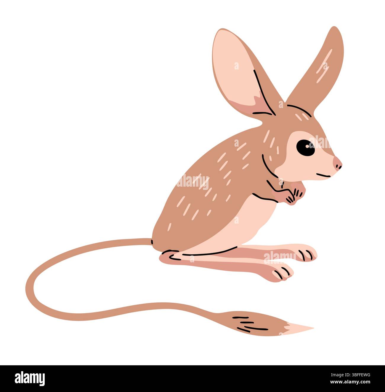 Piccolo jerboa con zampe lunghe. Steppa e roditore del deserto. Animale selvatico. Natura, fauna e zoologia. Illustrazione vettoriale isolata su sfondo bianco Illustrazione Vettoriale