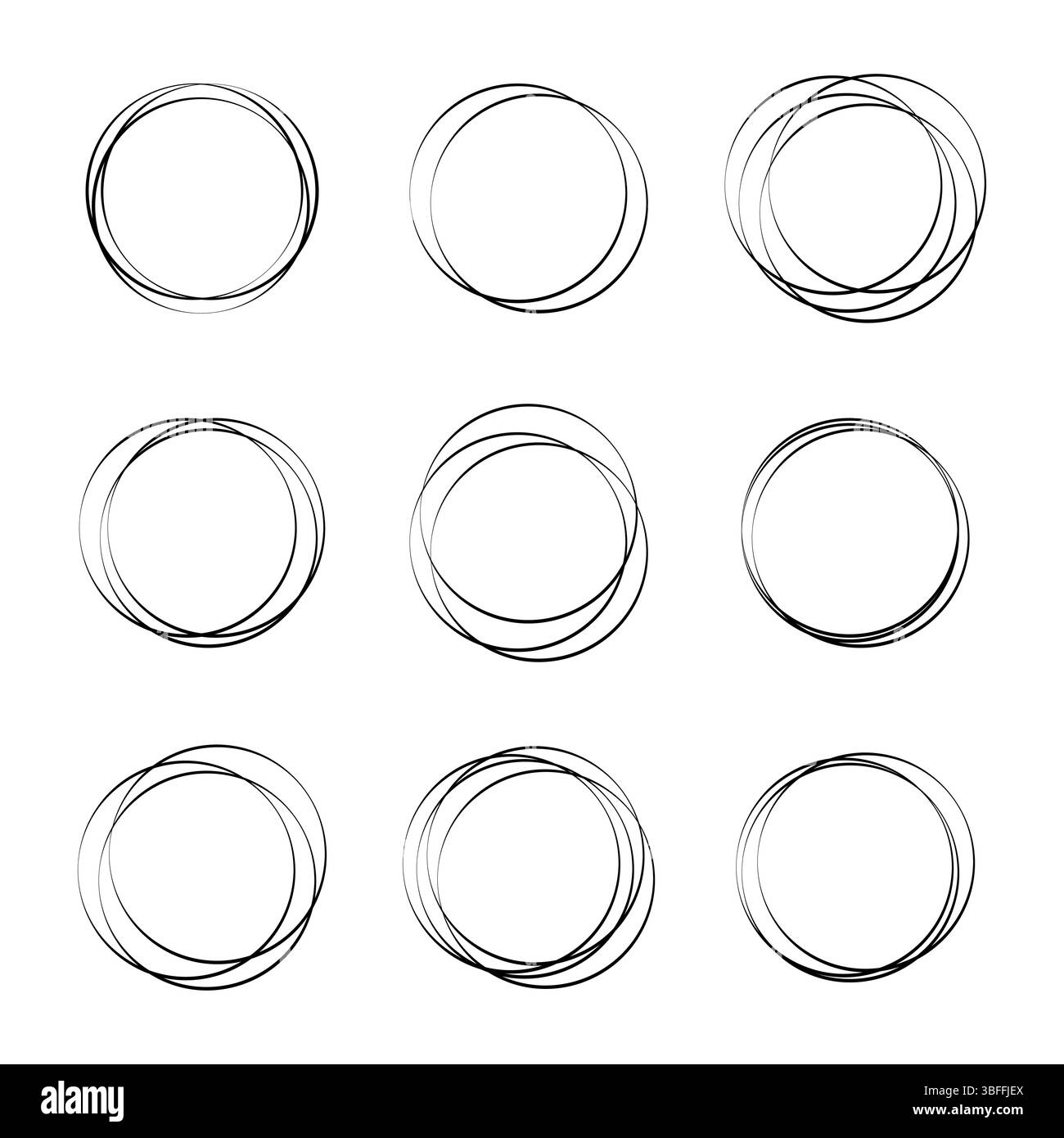 Set di cerchi Scribble disegnati a mano. Cerchi di scarabocchiare creati con tratti irregolari e a forma libera che conferiscono a ciascuna forma un carattere spontaneo e vivace. Illustrazione Vettoriale