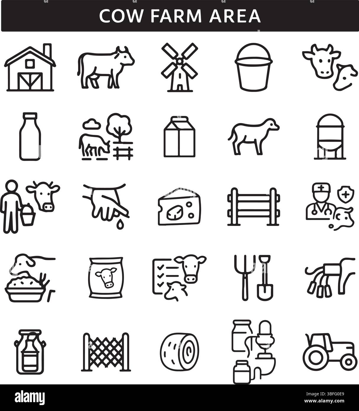 Set icone area allevamento mucche Illustrazione Vettoriale