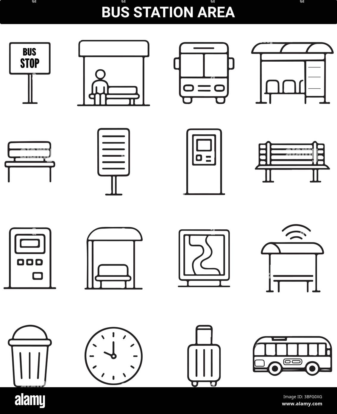 Set di icone della stazione degli autobus: Elementi dei trasporti pubblici e simboli dell'area di sosta Illustrazione Vettoriale