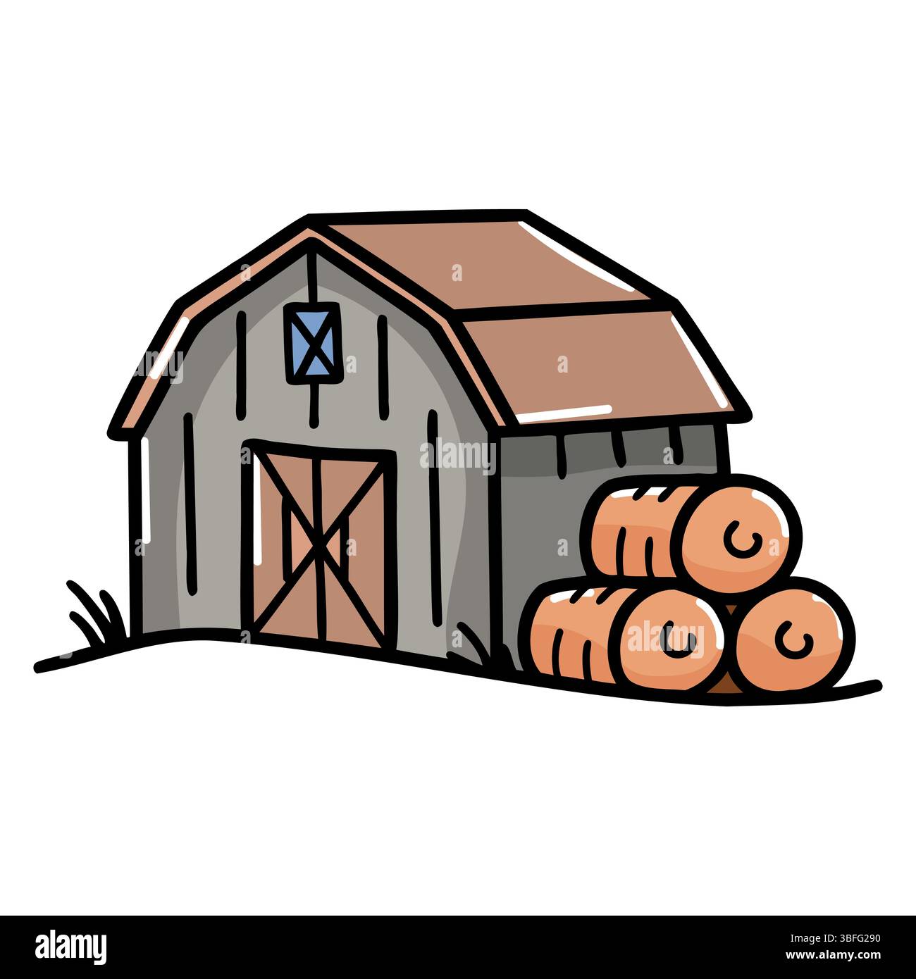 Un fienile rustico con tetto inclinato e emblema blu a stella. Le balle di fieno sono impilate accanto al fienile. La scena rappresenta la vita rurale e l'agricoltura. Illustrazione Vettoriale