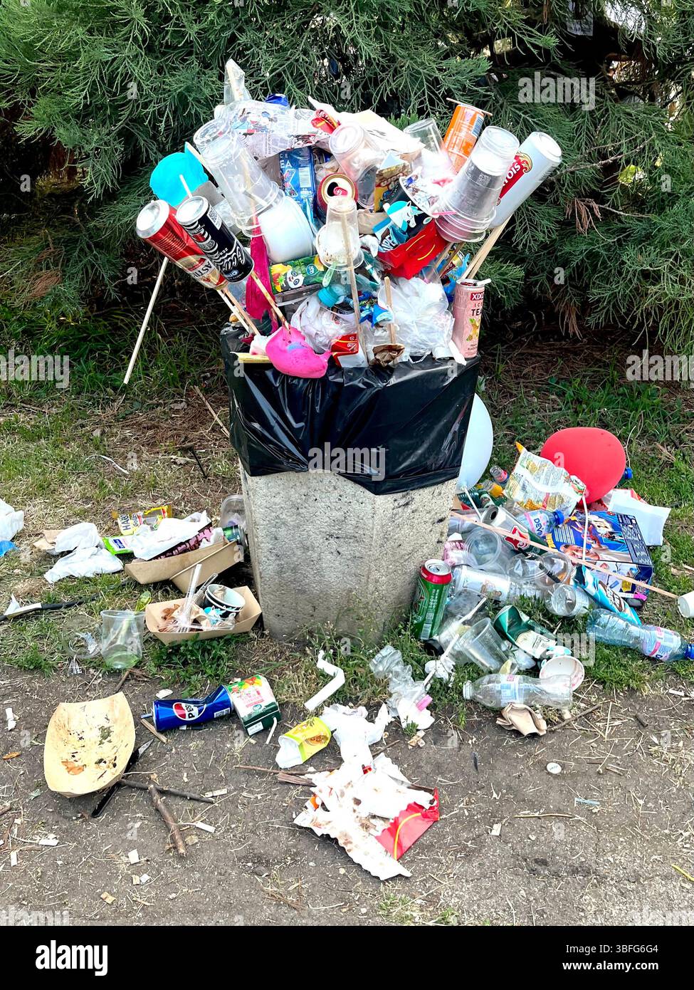 Traboccante di spazzatura durante una festa in giardino urbano nel parco pubblico Foto Stock