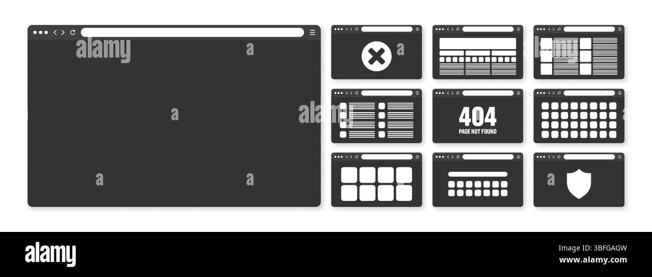 Finestra del browser Web, layout delle pagine con barra degli strumenti e campo di ricerca. Sito web moderno, pagina Internet in stile piatto. Mockup del browser per computer, tablet e. Illustrazione Vettoriale