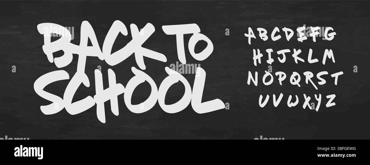 Scrittura di graffiti back-to-School, alfabeto con gesso scritto a mano, lettere in grassetto sulla lavagna in classe. Pennello rapido stile calligrafico, titolo urbano Illustrazione Vettoriale