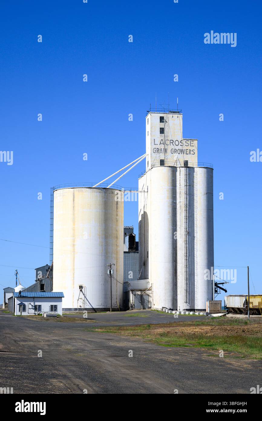 Lacrosse, Washington, USA - 8 maggio 2025; elevatori agricoli per cereali a LaCrosse nella regione di Palouse Foto Stock