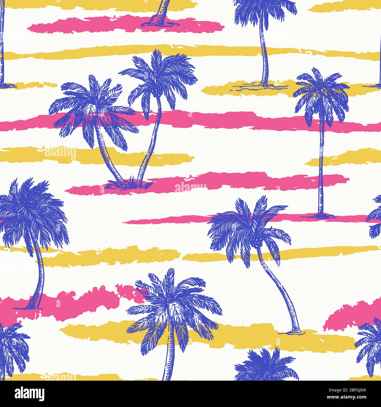 Motivo tropicale multicolore senza cuciture con palme e strisce acquerello. Spiaggia estiva sullo sfondo. Illustrazione dello schizzo disegnato a mano vettoriale. Tessuto alla moda Illustrazione Vettoriale