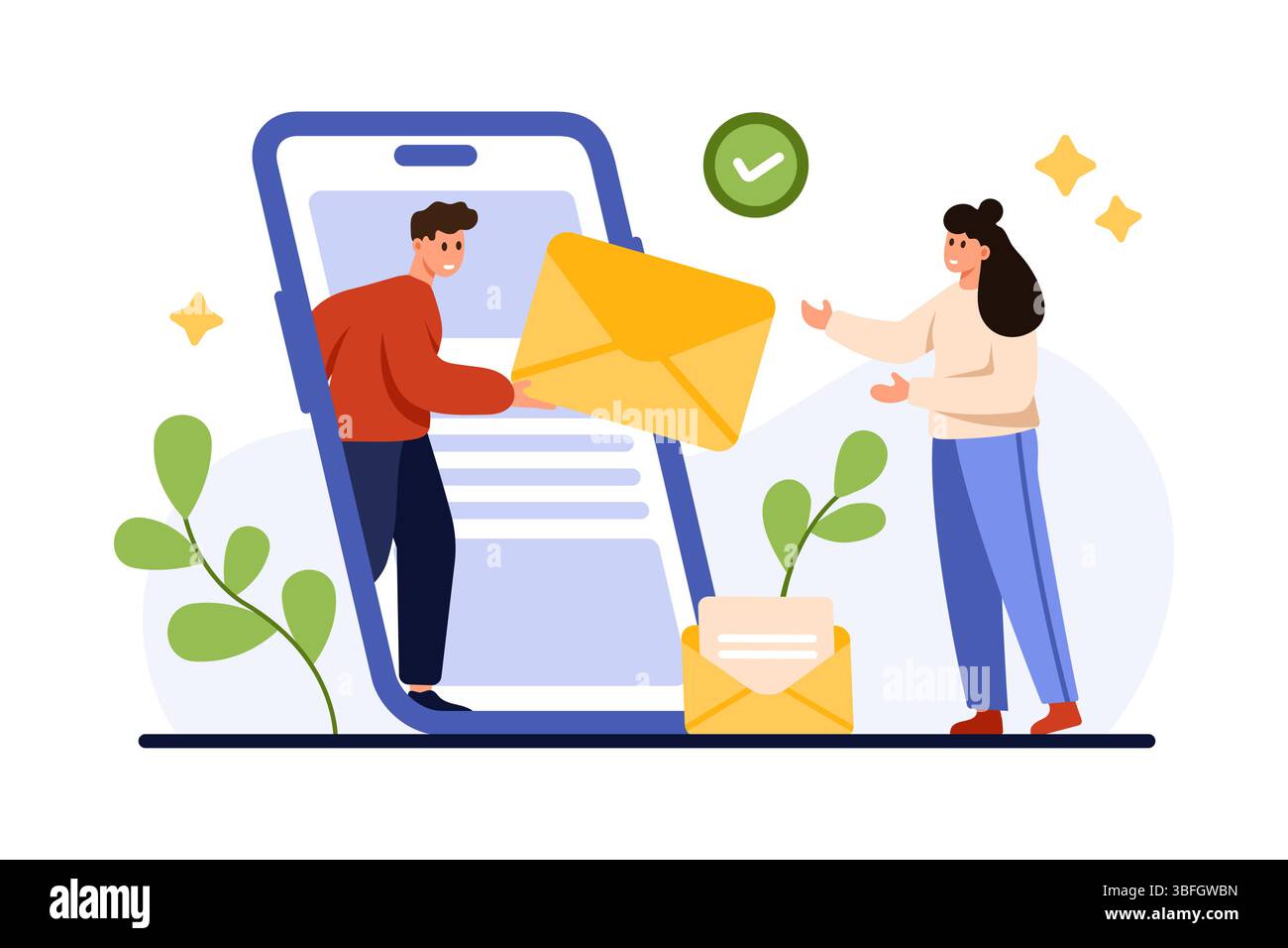 Notifica della piattaforma di posta elettronica relativa alla nuova e-mail nell'app mobile, abbonamento. Piccola persona dallo schermo del telefono che invia SMS o newsletter in busta cartacea all'illustrazione vettoriale del fumetto del cliente Illustrazione Vettoriale