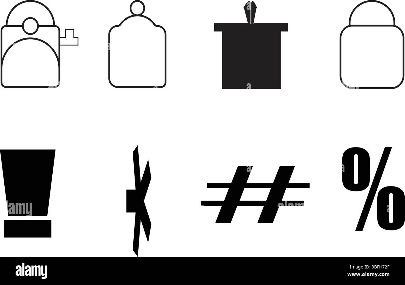 Icone vettoriali minimaliste in bianco e nero del cestino, della percentuale e del set di simboli per l'uso della segnaletica Illustrazione Vettoriale