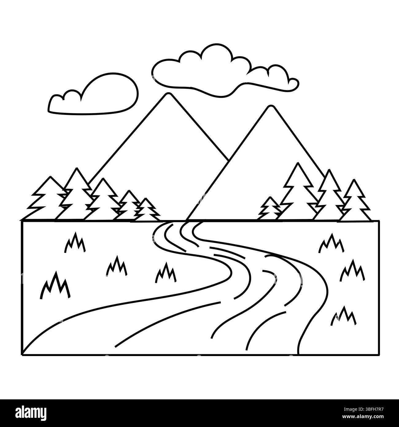 Illustrazione del fiume di montagna. Vettore dei picchi innevati. Dettagli alberi di pino. Scena del cielo nuvoloso. Illustrazione Vettoriale