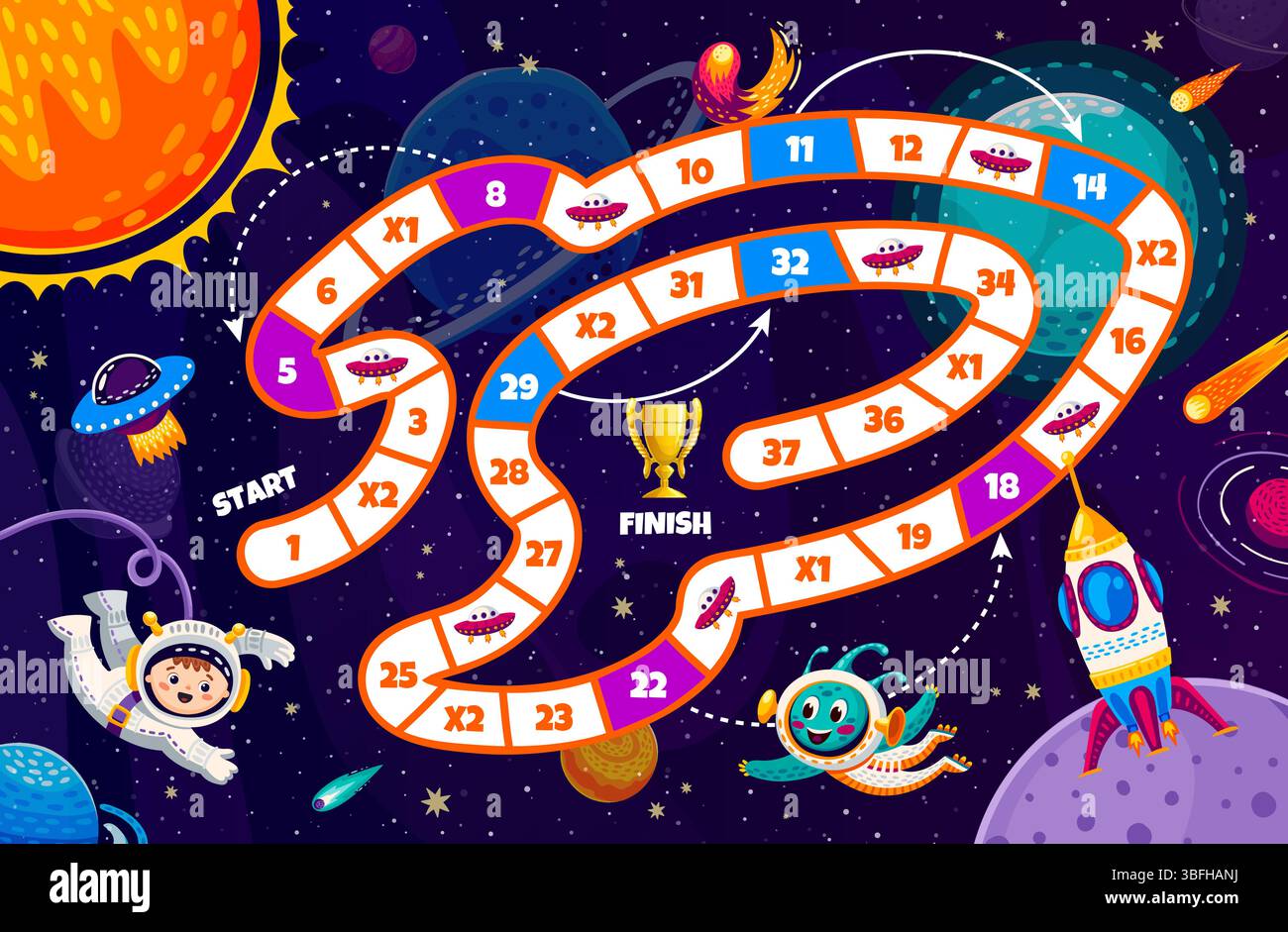 Gioco a gradini spazio bambini. Il foglio di lavoro interattivo vettoriale si insinua con un percorso tortuoso, divertenti alieni cartoni animati, astronauti e trofei. Quiz galattico per bambini e sessioni di gioco per tutta la famiglia e apprendimento divertente Illustrazione Vettoriale