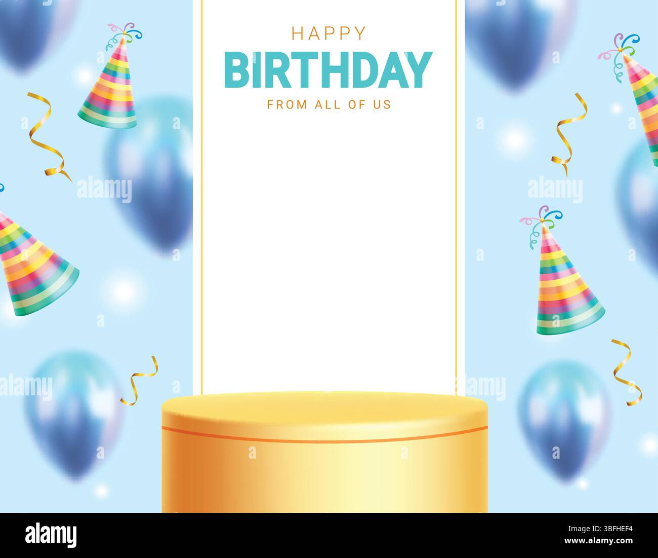 Design della clipart del podio di compleanno. Podio giallo con testo di auguri di buon compleanno nella cornice per la festa decorazione del palco clip art party Hat Illustrazione Vettoriale