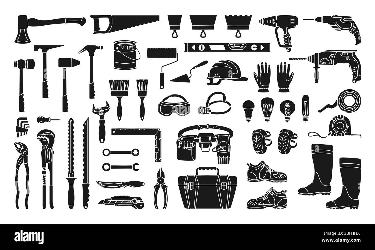Attrezzatura per l'edilizia, set di attrezzature per l'edilizia, illustrazione con silhouette nera. Hardware per lavori di riparazione collezione per l'industria edile. Utensili per kit cassetta attrezzi per riparazione domestica, meccanico idraulico, vettore isolato Illustrazione Vettoriale