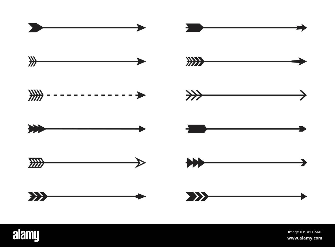 Un set di dodici disegni di frecce distinti, che mostrano una gamma di punte di frecce stilistiche in formato vettoriale. Illustrazione Vettoriale