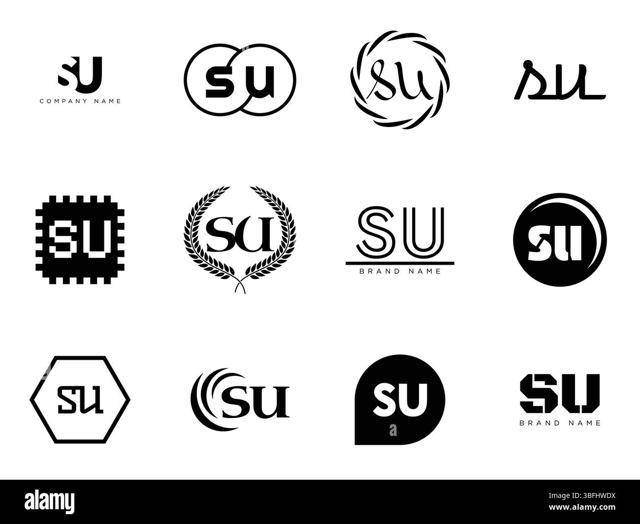 Modello aziendale logo su. Logotipo lettera S e u. Imposta diverse lettere serif classiche e testo moderno in grassetto con elementi di design. Tipog font iniziale Illustrazione Vettoriale