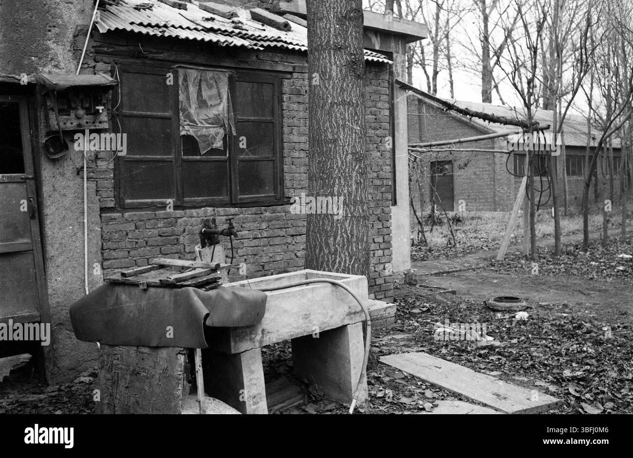 China Rural Brick House Yard dei primi anni '2010 con lavandino in cemento all'aperto e impianto idraulico improvvisato Foto Stock