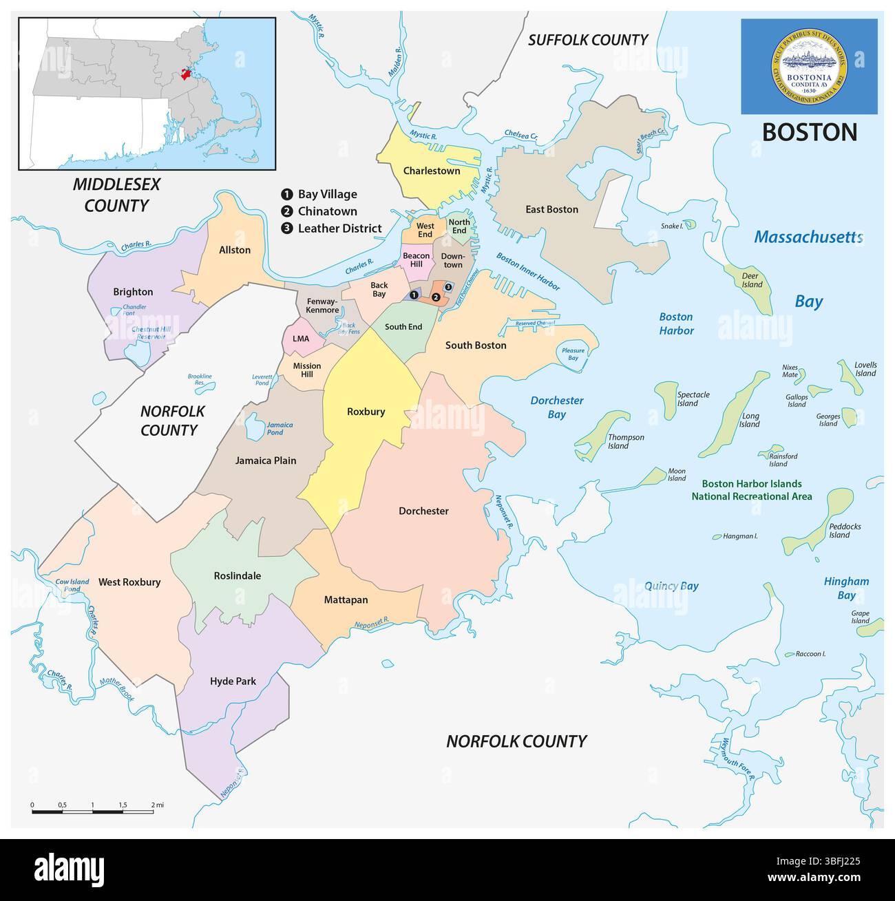 Mappa dei quartieri di Boston, Massachusetts, Stati Uniti Foto Stock