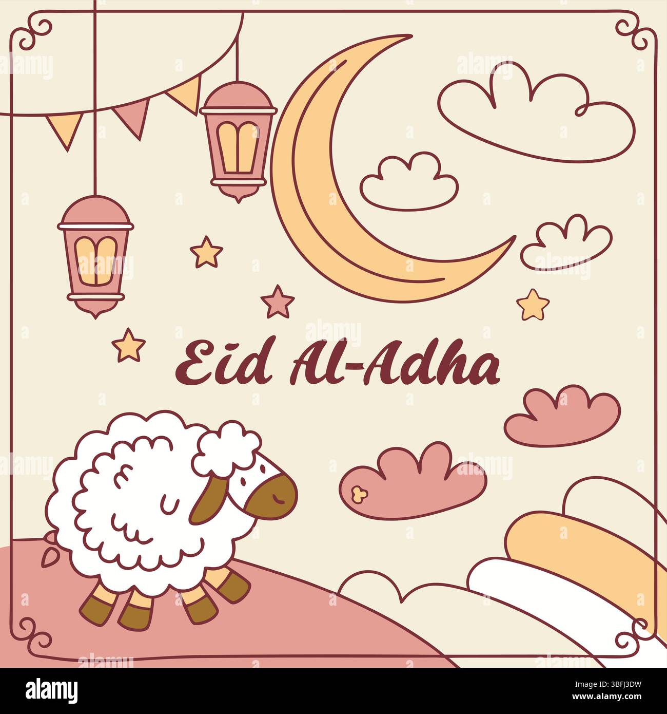 EID al-Adha Mubarak Vector di saluto | simpatica illustrazione di pecore di cartone animato Illustrazione Vettoriale