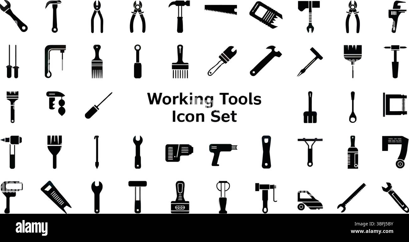 Set di vettori per icone degli strumenti di lavoro in sagome nere che includono vari strumenti di costruzione e riparazione Illustrazione Vettoriale
