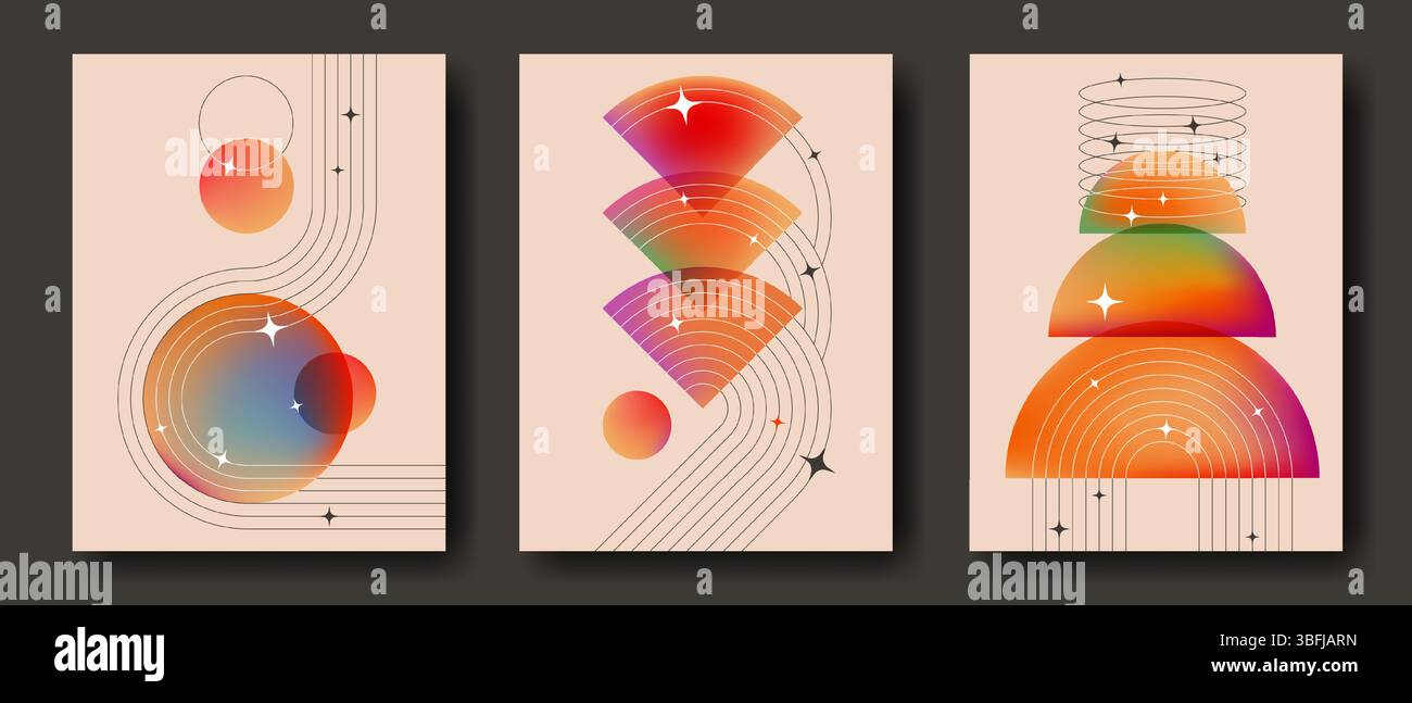Poster musicali in stile Bauhaus con forme geometriche astratte. Composizioni minimaliste con cerchi sfumati traslucidi, linee e curve verticali, stelle e brillanti. Set decorativo da parete retrò. Illustrazione Vettoriale