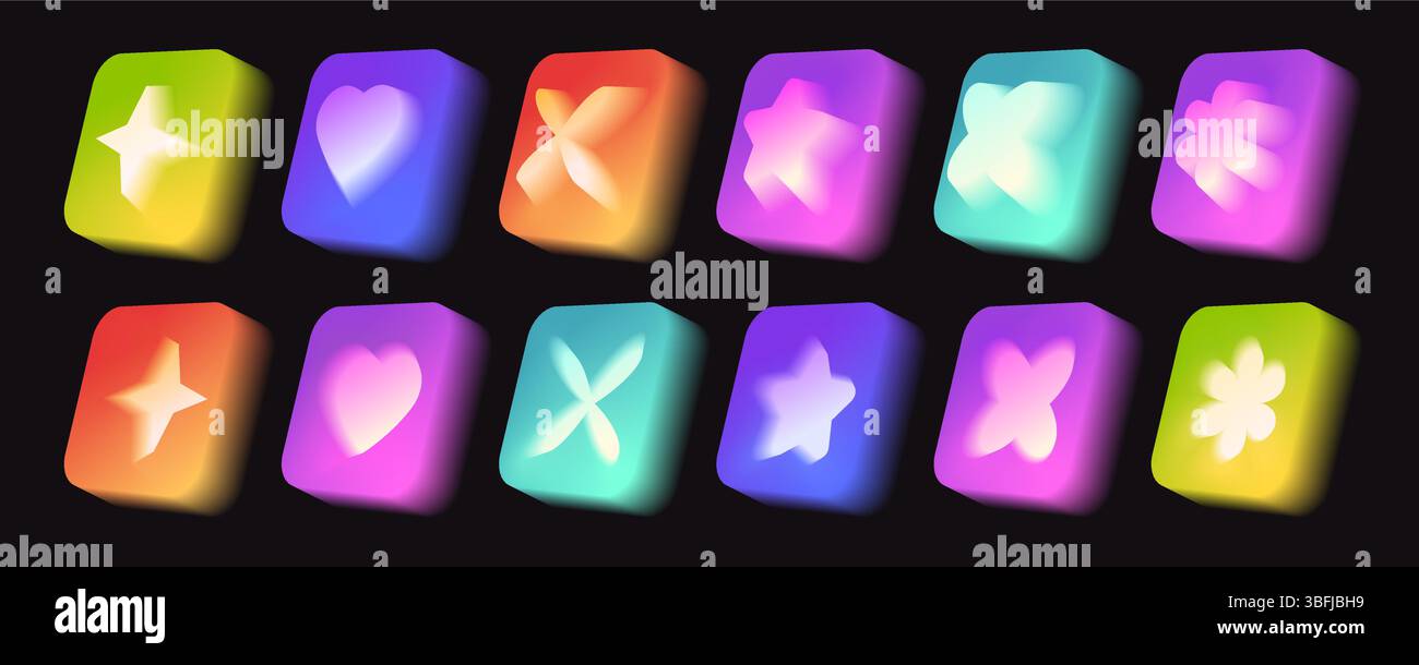Collezione Gradient aura y2k icons - luccicanti simboli al neon con forma a stella, cuore e fiori su quadrati colorati e arrotondati. Pulsanti di sfocatura digitale vibranti per un design dell'interfaccia di app futuristica e retrò. Illustrazione Vettoriale