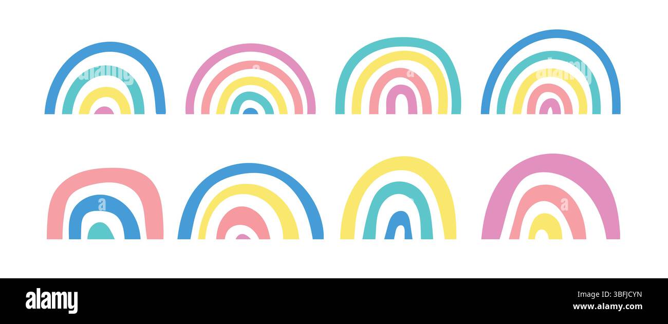 Simpatici arcobaleni colorati in stile infantile. Doodle baby carino Illustrazione Vettoriale