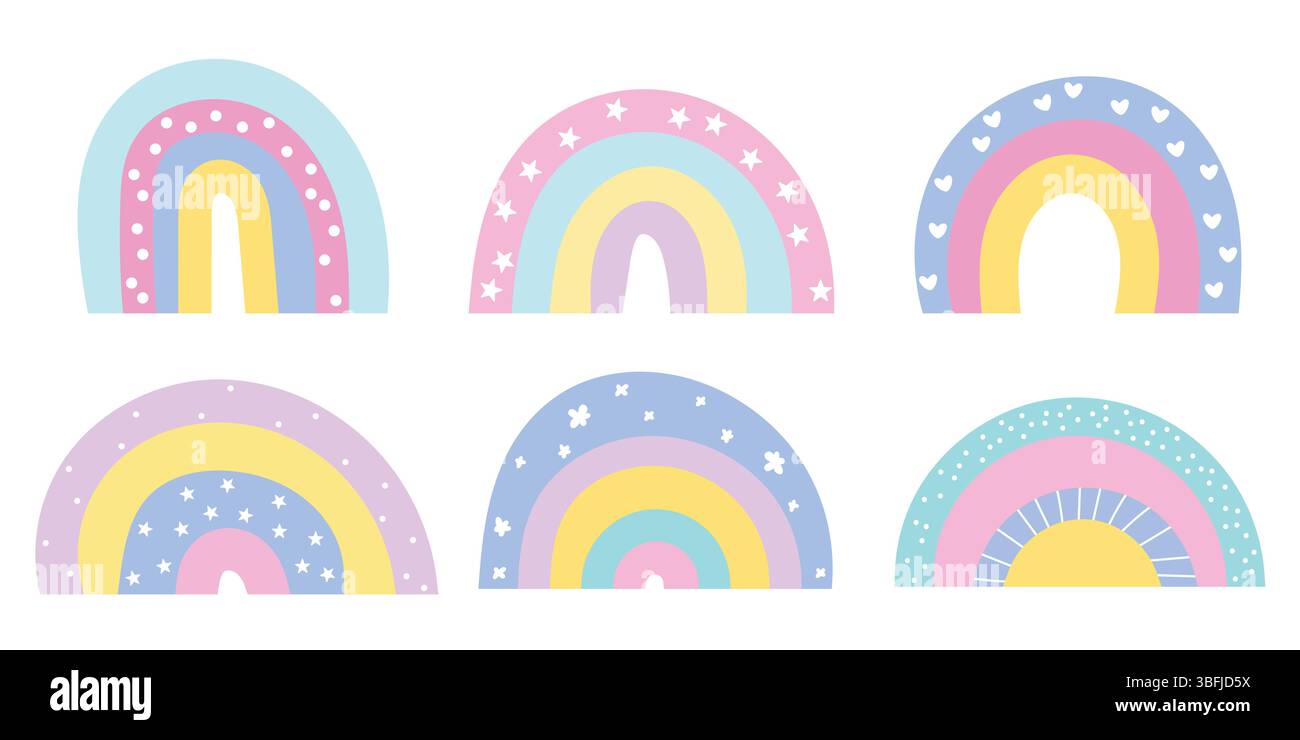 Set arcobaleni colorati. Illustrazione del vettore dell'arco a colori disegnato a mano. Illustrazione Vettoriale