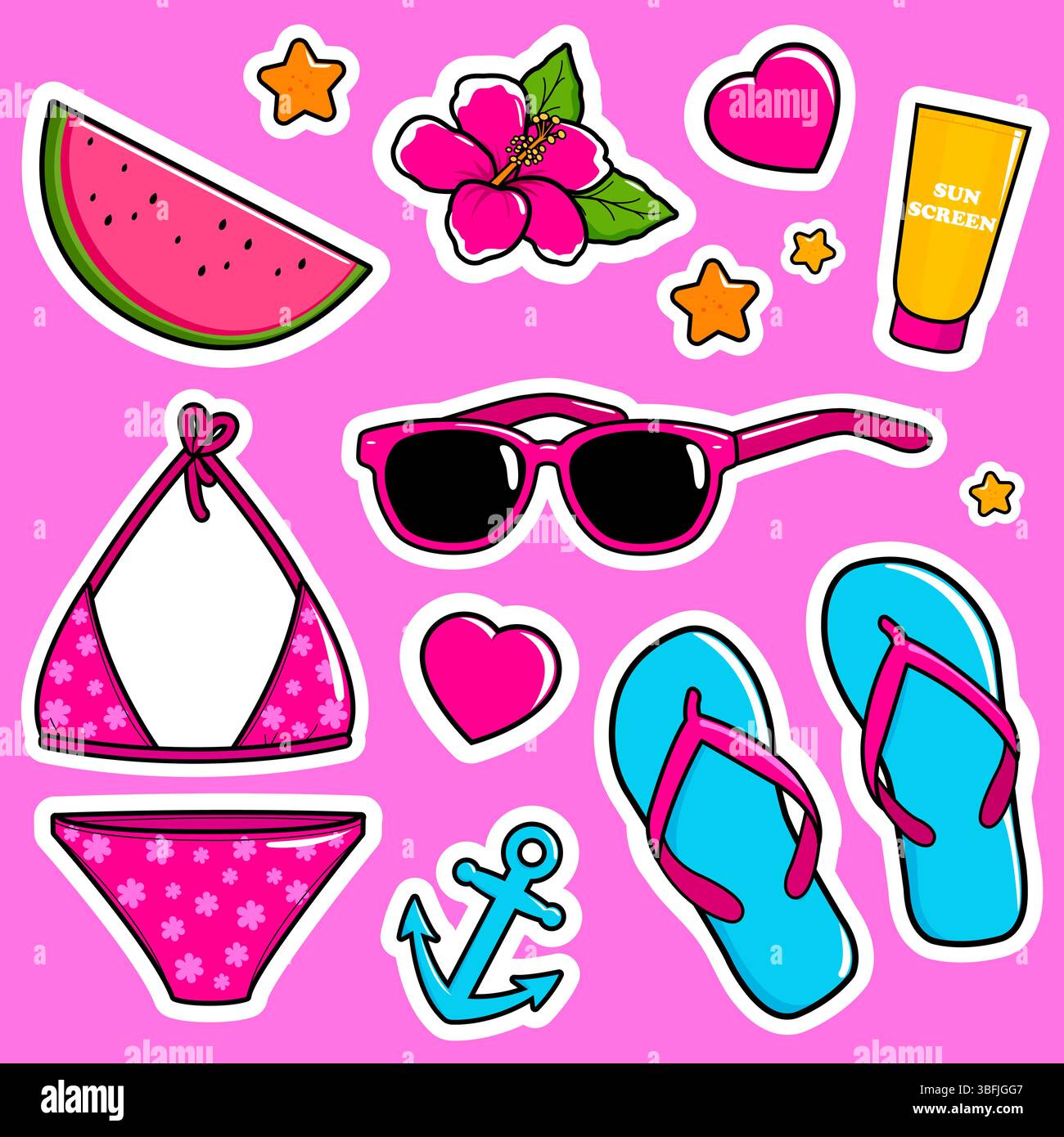 Set di adesivi per le vacanze estive al mare per i bambini. Set di adesivi per nuotare sul mare dell'isola. Vacanze estive impostate. Simpatico foglio di adesivi e pianificatore. Illustrazione Vettoriale