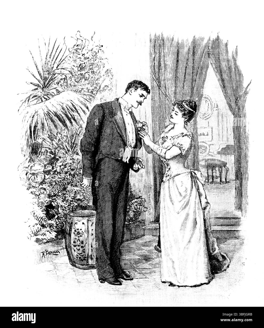 Donna di etichetta vittoriana che regola il fiore dell'uomo durante l'evento formale serale, illlustrazione a linee incise, di Robert Barnes dal 1892 The Quiver Magazine Foto Stock