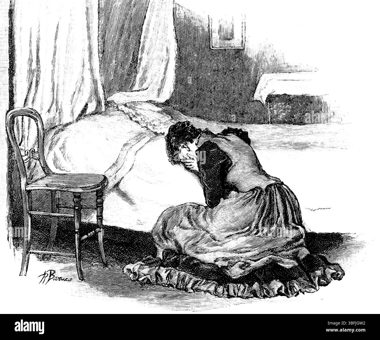 Sconvolgente giovane donna, che piange sul letto, incisa la linea illlustrazione degli interni della camera da letto vittoriana, da 1892 The Quiver Magazine Foto Stock
