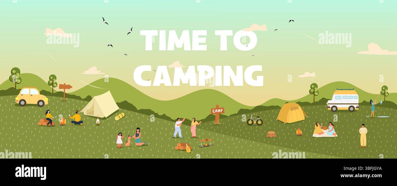 Un'avventura in campeggio con le famiglie che amano la natura e le attività all'aperto. Illustrazione vettoriale Illustrazione Vettoriale
