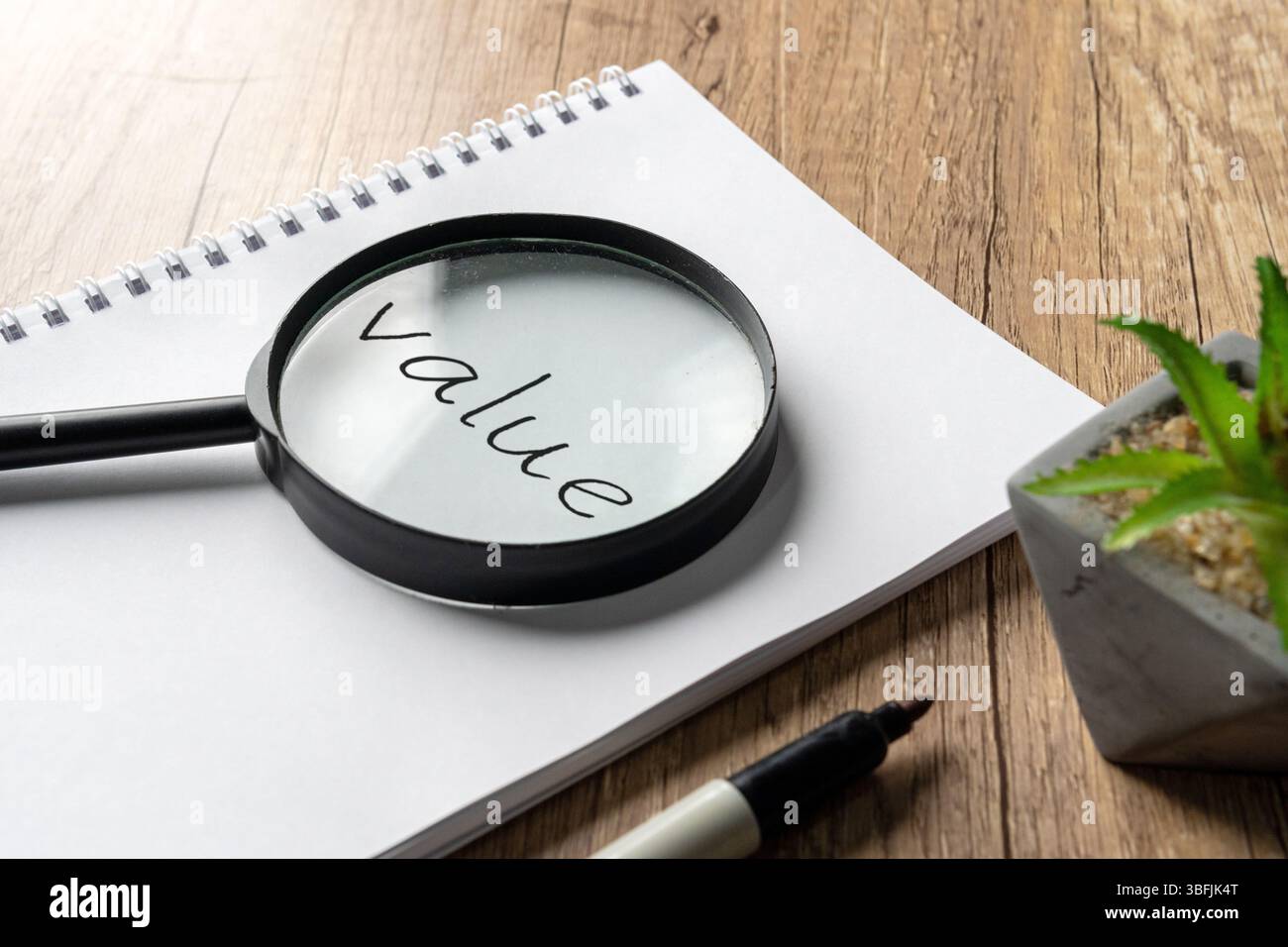 Una lente di ingrandimento posizionata su un notebook, che ingrandisce la parola "valore". Foto Stock