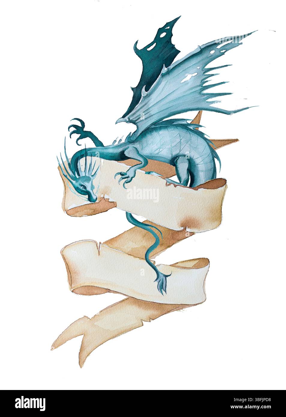 Drago ad acquerello e striscioni medievali isolati su sfondo bianco. Illustrazione fantasy. Fantastico design della copertina del libro. Foto Stock
