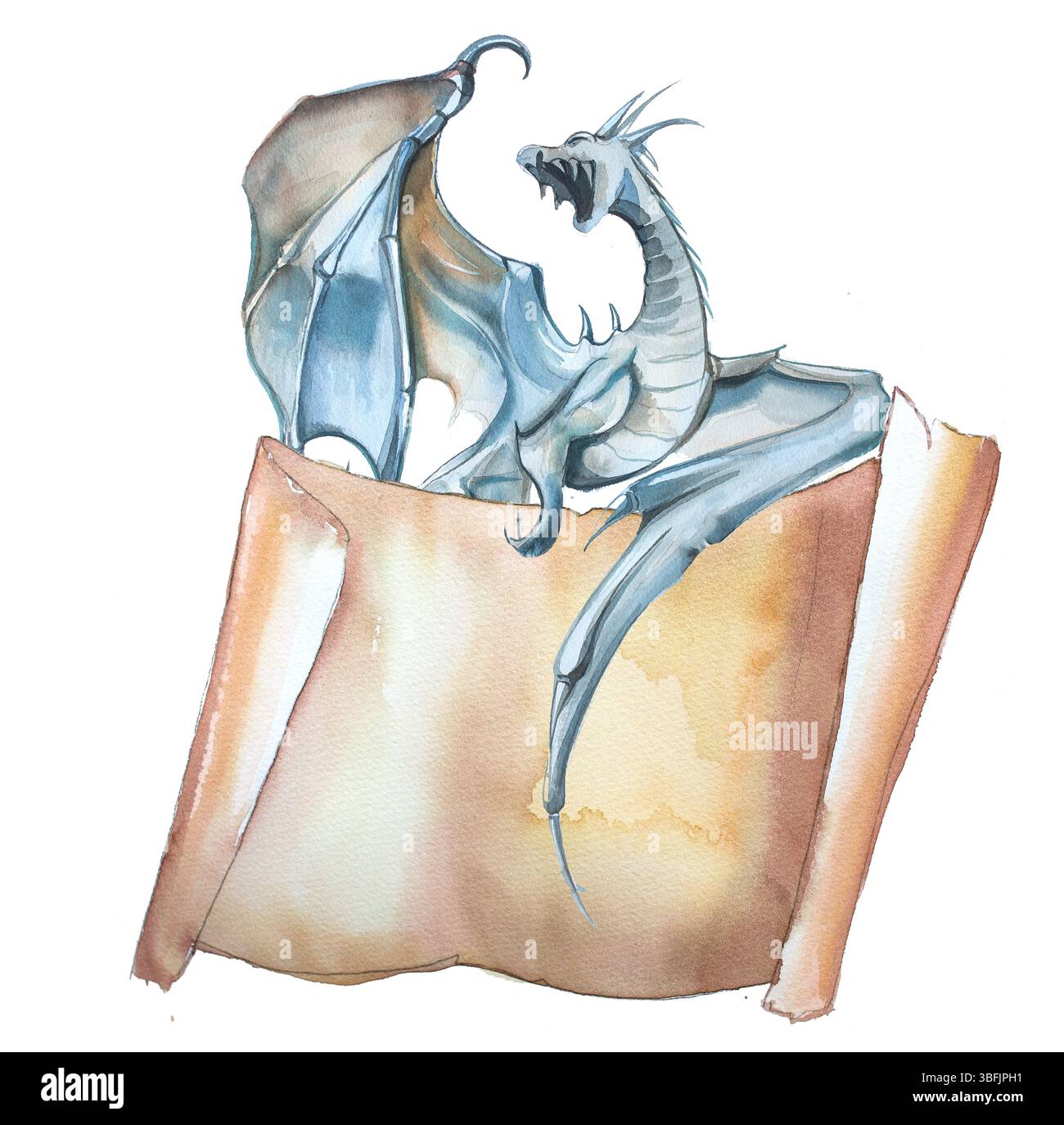 Drago ad acquerello e striscioni medievali isolati su sfondo bianco. Illustrazione fantasy. Fantastico design della copertina del libro. Foto Stock