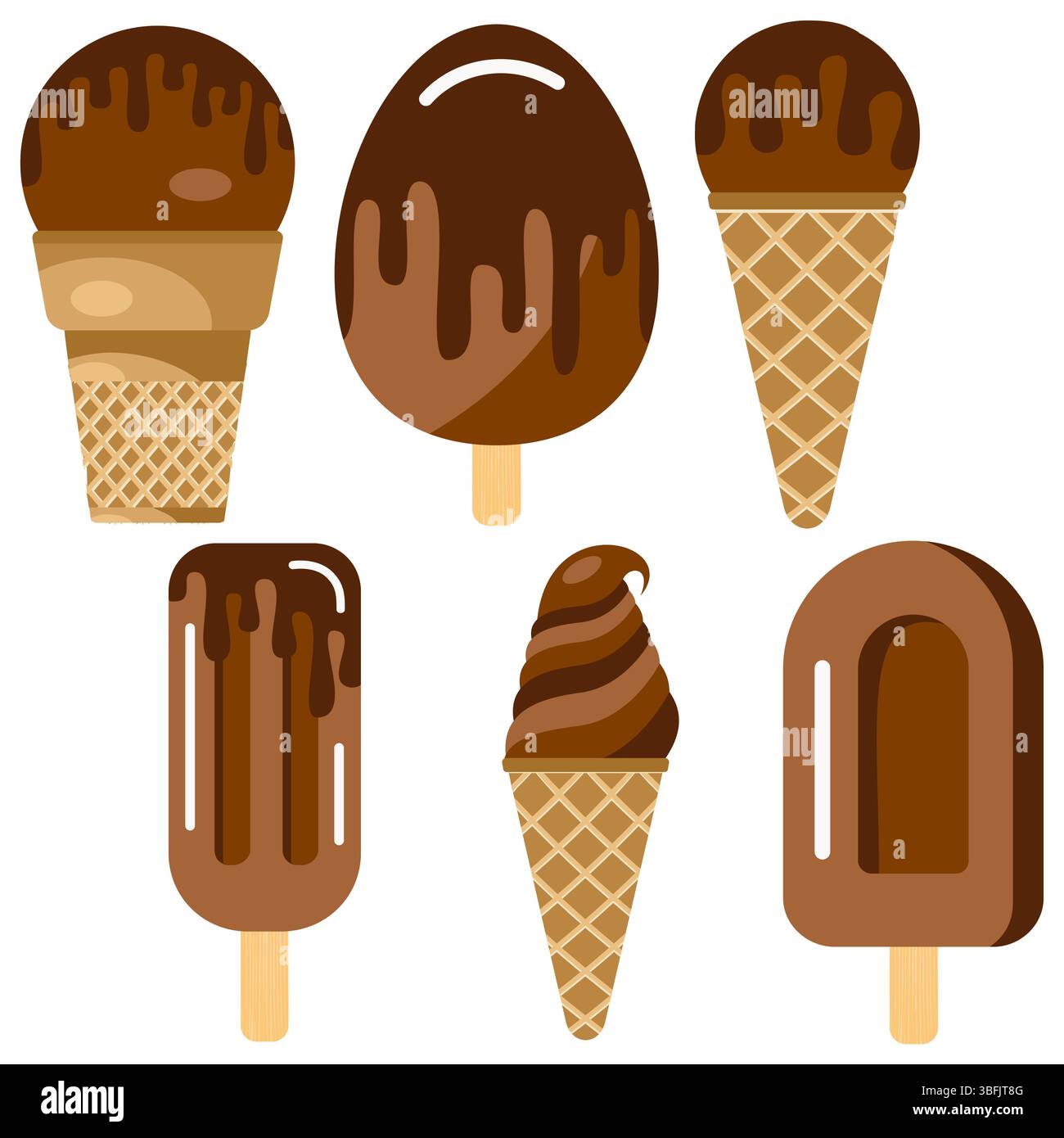 Set di immagini vettoriali del gelato al cioccolato. Gelato al cioccolato su un bastoncino di legno e in una tazza di waffle Illustrazione Vettoriale