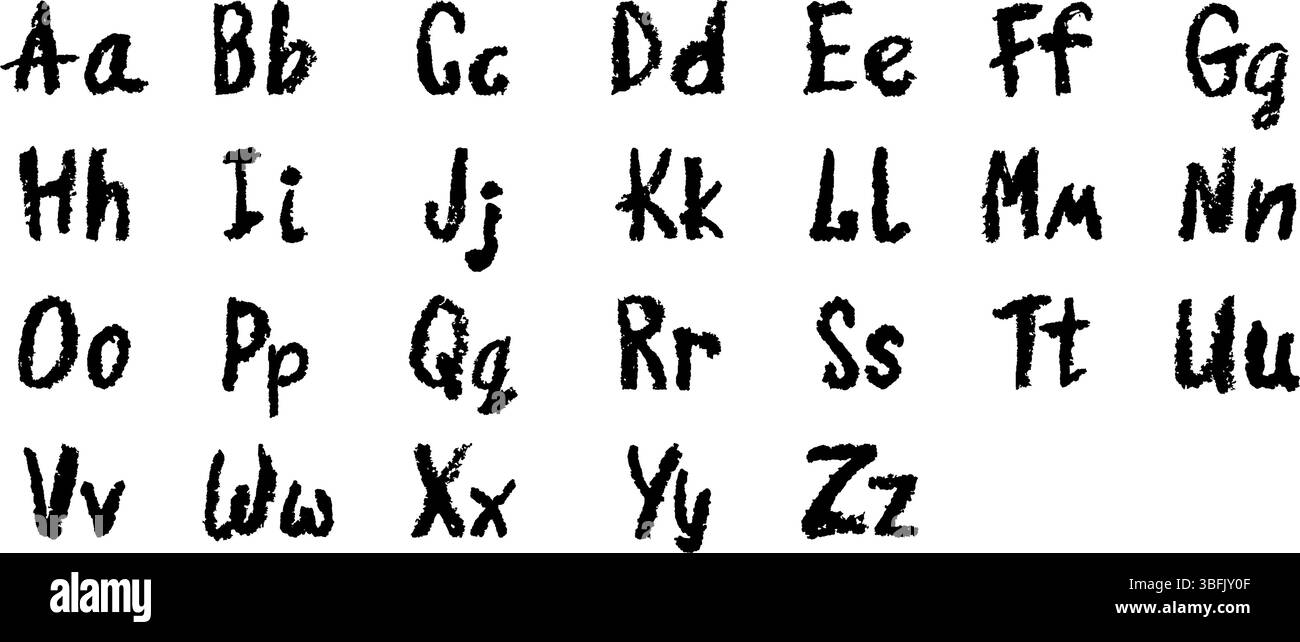 Alfabeto inglese disegnato a mano in un pastello. Lettere maiuscole e minuscole nere in stile gesso, pastello o cera. Effetto evidenziatore a bordo per Illustrazione Vettoriale