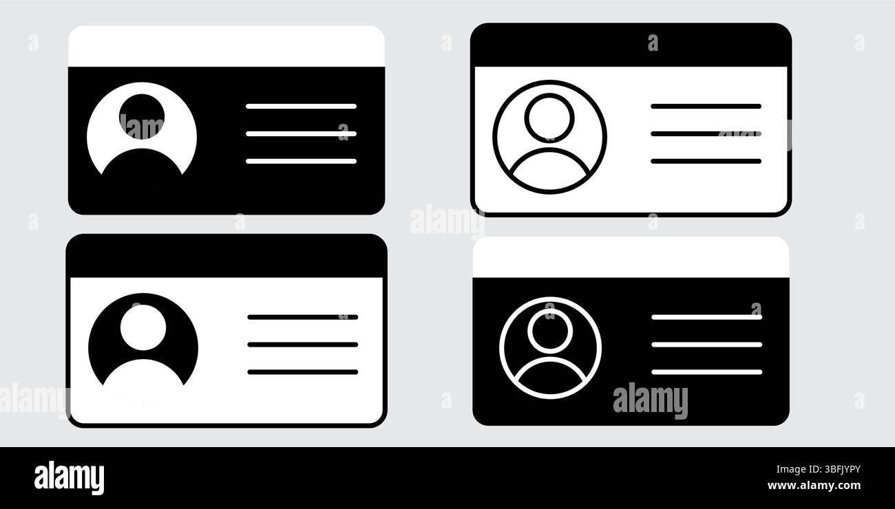 Le icone della carta d'identità e della patente di guida in bianco e nero sono perfette per i moduli governativi per la verifica dell'identità, i kit dell'interfaccia utente e i documenti personali Illustrazione Vettoriale