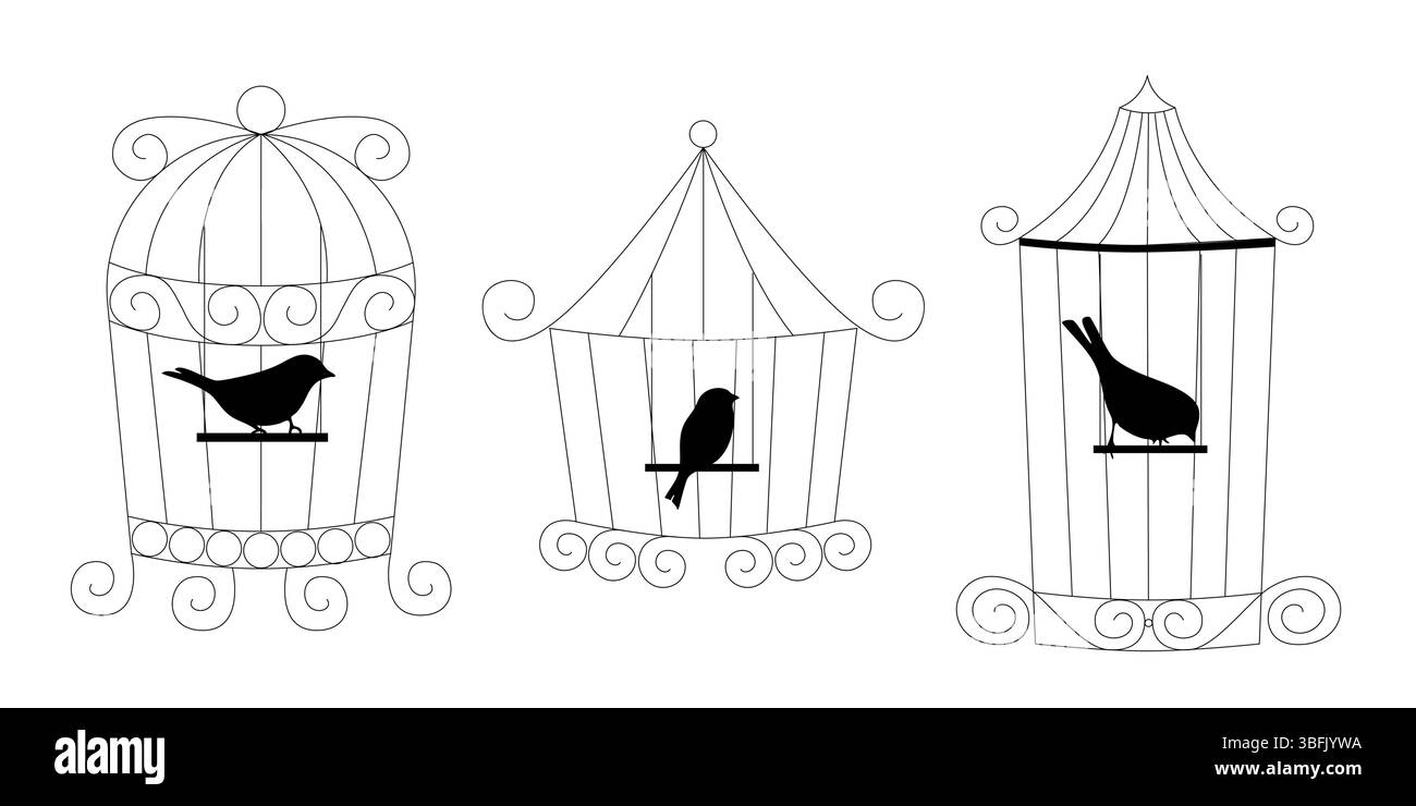 Semplici gabbie per uccelli inserite in una collezione vettoriale disegnata a mano in stile artistico di gabbie in metallo per uccelli che disegnano illustrazioni di case per animali domestici per l'arredamento e. Illustrazione Vettoriale