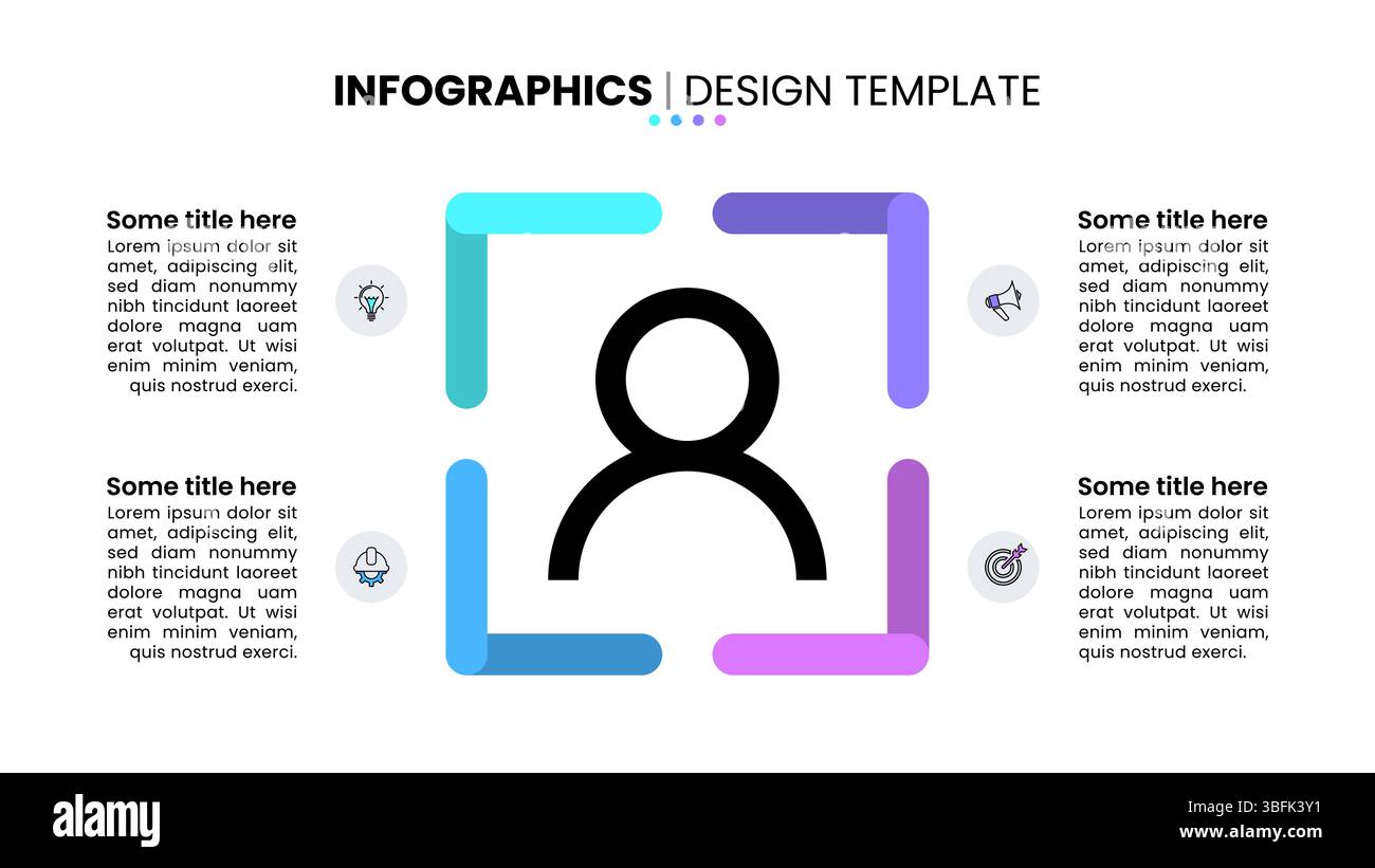 Modello infografico con icone e 4 opzioni o passaggi. Persona. Può essere utilizzato per layout del flusso di lavoro, diagrammi, banner, webdesign. Illustrazione vettoriale Illustrazione Vettoriale