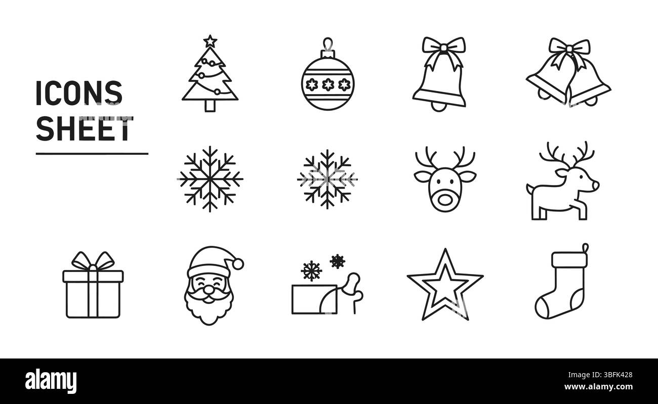 Set di icone natalizie: Simboli festivi, festivi, festeggiamenti e invernali Illustrazione Vettoriale