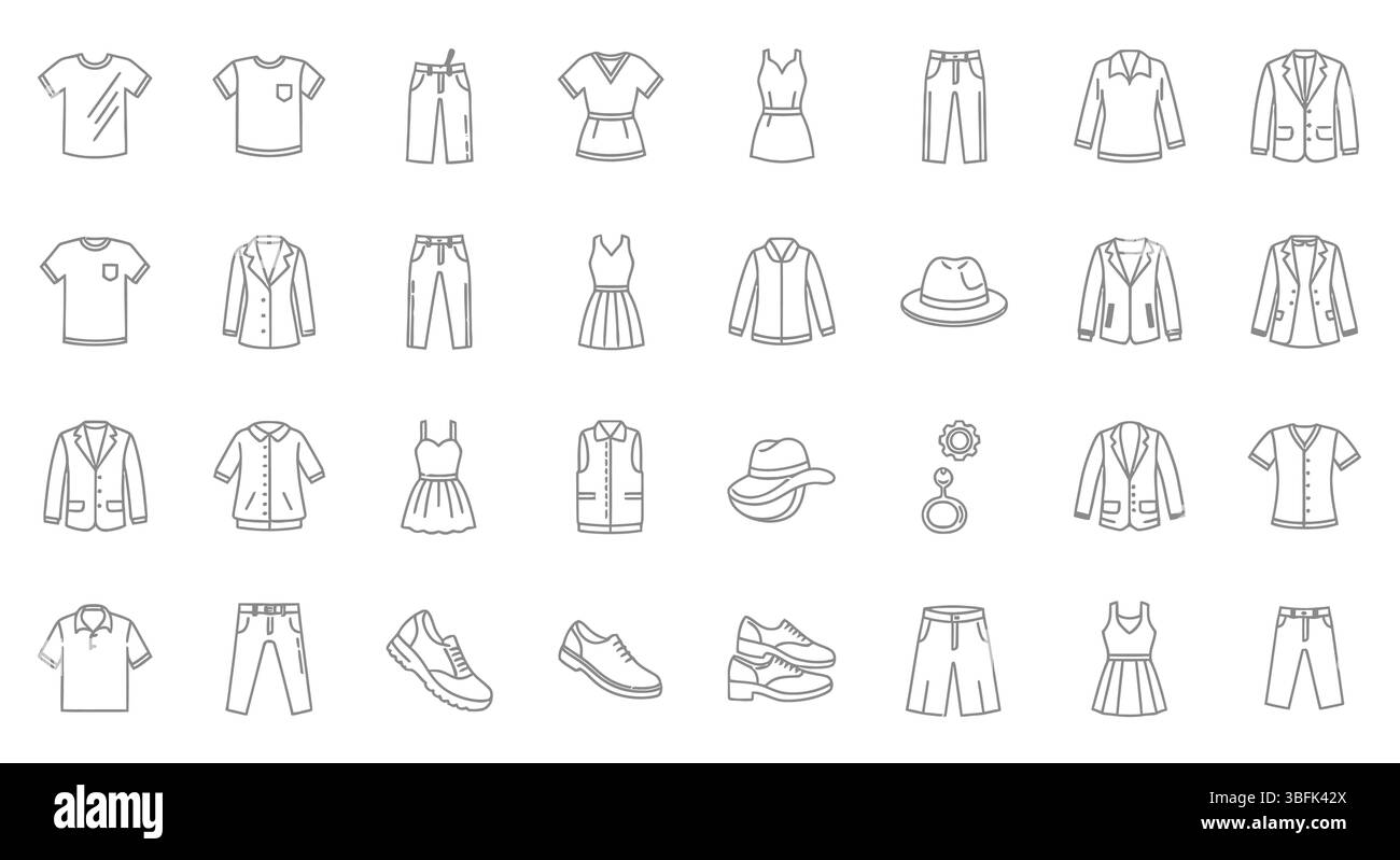 Set di icone abbigliamento: Abbigliamento, moda, guardaroba e simboli tessili Illustrazione Vettoriale