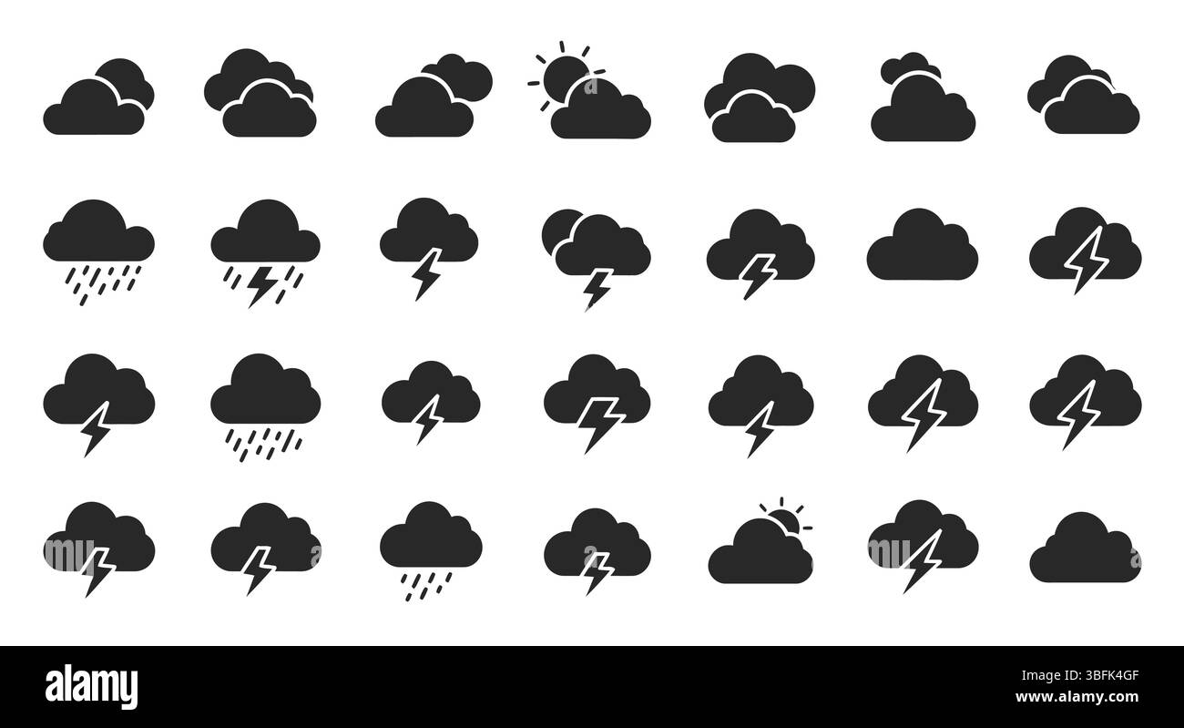 Set di icone cloud: Simboli di archiviazione, elaborazione, caricamento e rete Illustrazione Vettoriale