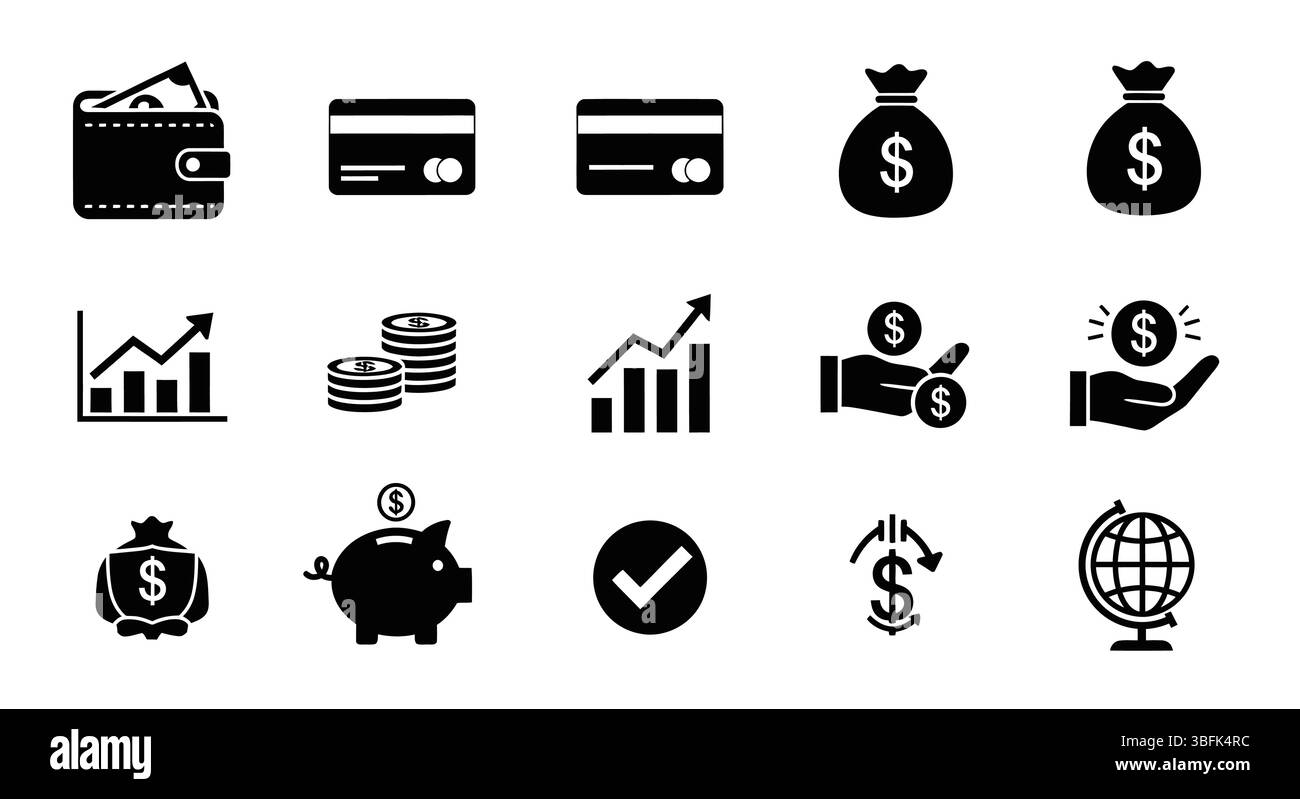 Set di icone finanza – Money (denaro), Banking (bancario), Investment (investimenti) e Business Symbols (simboli aziendali) Illustrazione Vettoriale