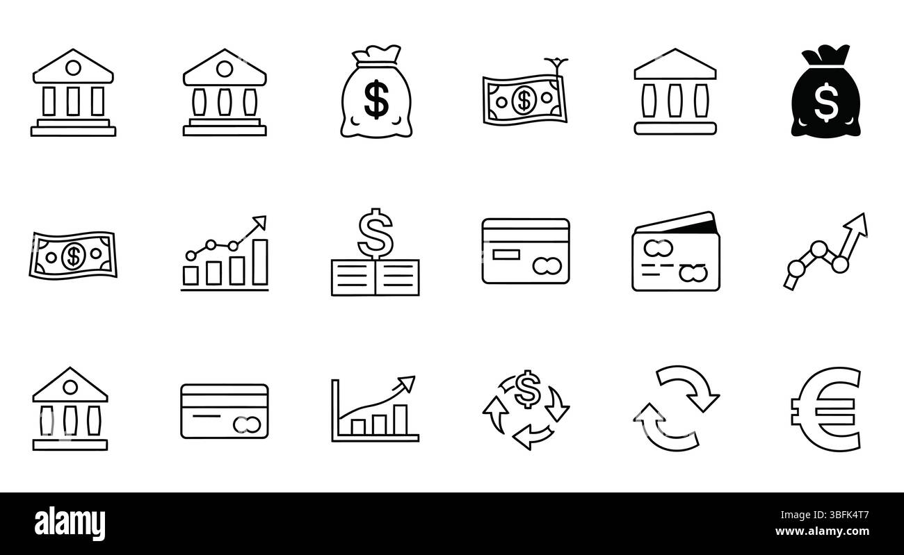 Set di icone finanza – Money (denaro), Banking (bancario), Investment (investimenti) e Business Symbols (simboli aziendali) Illustrazione Vettoriale