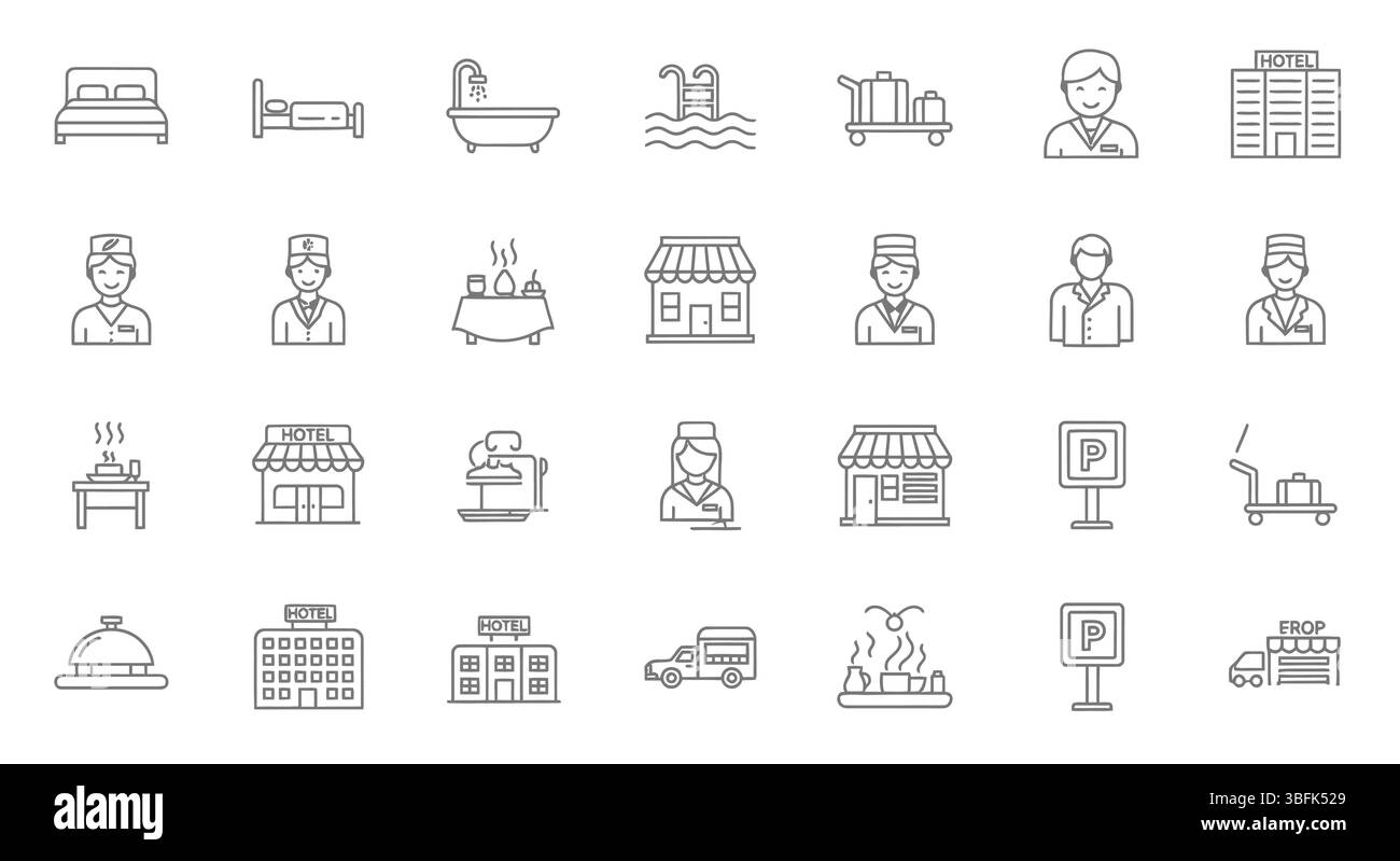 Set di icone Hotel e sistemazione - simboli ospitalità, alloggio, viaggio e soggiorno Illustrazione Vettoriale