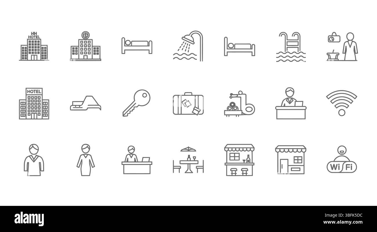 Set di icone Hotel e sistemazione - simboli ospitalità, alloggio, viaggio e soggiorno Illustrazione Vettoriale