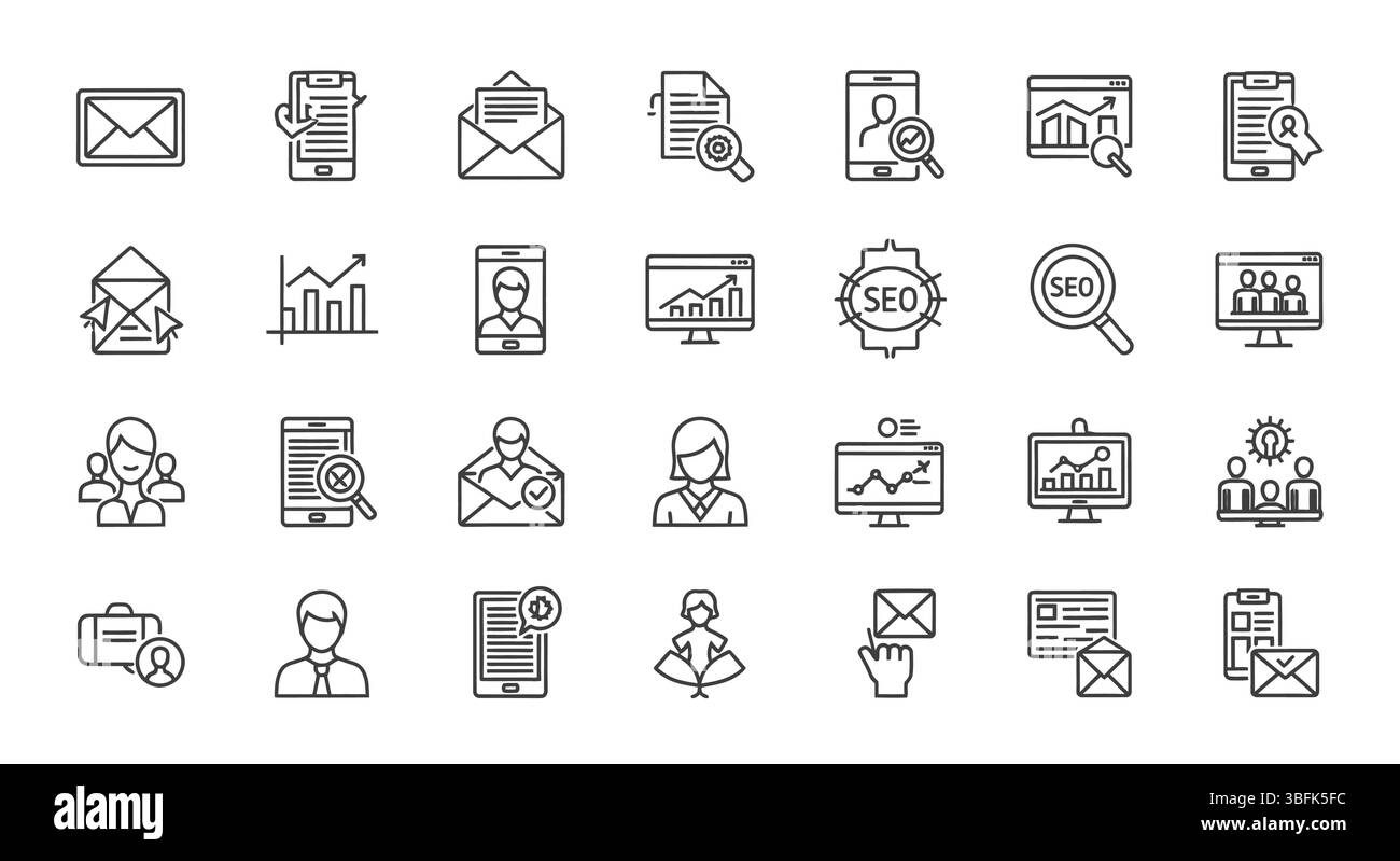 Set di icone di marketing – pubblicità, promozione, strategia e simboli aziendali Illustrazione Vettoriale