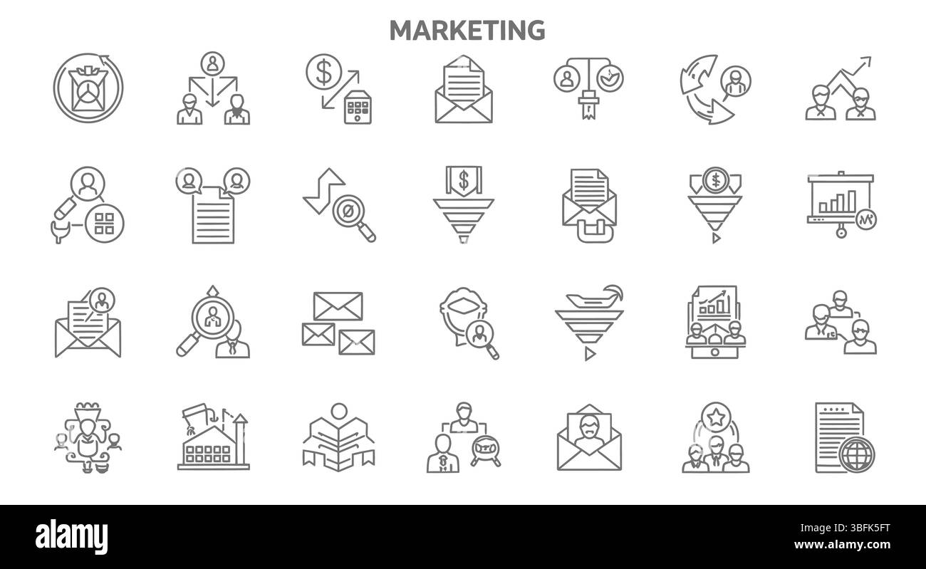 Set di icone di marketing – pubblicità, promozione, strategia e simboli aziendali Illustrazione Vettoriale