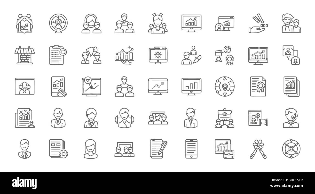 Set di icone di marketing – pubblicità, promozione, strategia e simboli aziendali Illustrazione Vettoriale