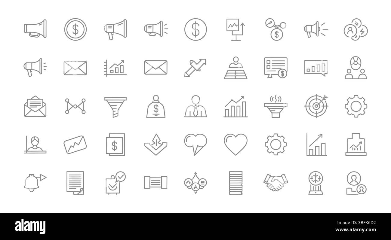 Set di icone di marketing – pubblicità, promozione, strategia e simboli aziendali Illustrazione Vettoriale